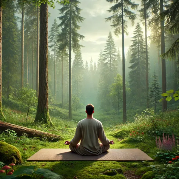 A Yogi practicing meditation in a lush forest