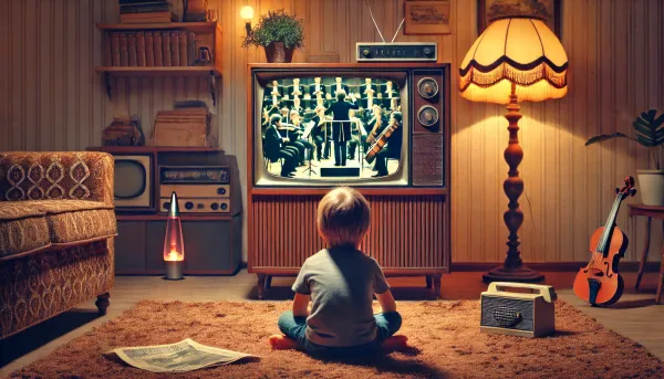 An image of a child watching a symphony on an old tube TV.